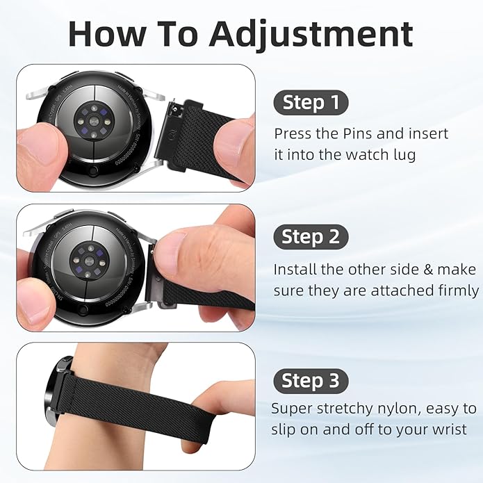 DaQin 3 Pack Nylon Watch Bands Compatible with 16mm 18mm 20mm 22mm Quick Release Watch Band, Adjustable Soft Stretchy Solo Loop Strap Elastic Braided Relacement Wristband for Men Women
