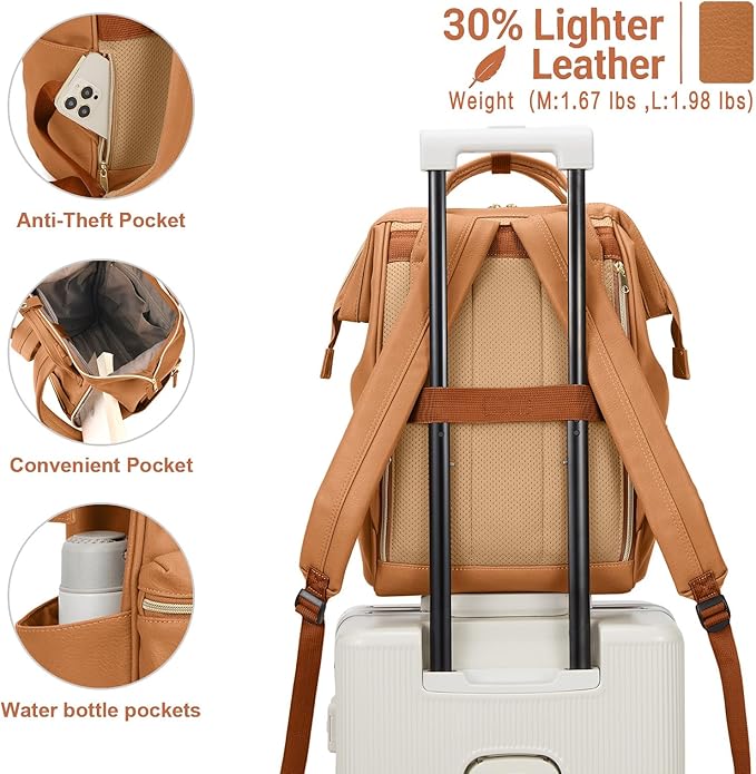 Kah&Kee Leather Laptop Backpack for Women, 14-15 Inch Professional Work Bag, Water-Resistant Vegan Leather Doctor Bag Backpack for Teacher, Nurse & Travel, Fits MacBook Air 15 (Camel Beige,Medium)