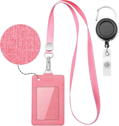 Life-Mate Badge Holder - Leather ID Badge Card Holder Wallet Case with 3 Cards Slot and Neck Lanyard/Strap. Additional Retractable Badge Reel with Belt Clip (Pink)