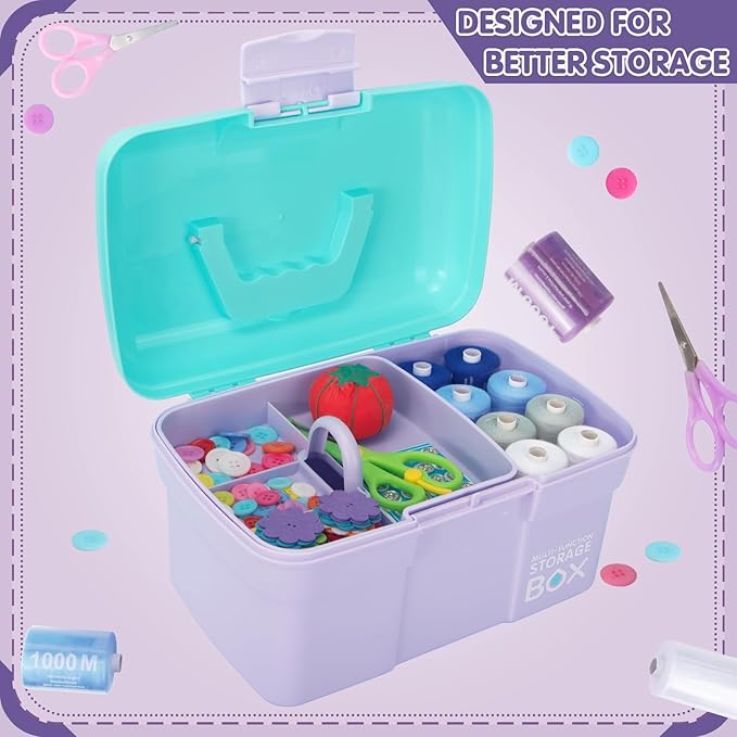 TERGOO 11in Mutipurpose Storage Box Organizer with Removable Tray, Portable Small Craft Organizer with Handle, Plastic Clear Tool Box Art Case for Makeup, Sewing, Nail, Hair Accessories (Purple Blue)