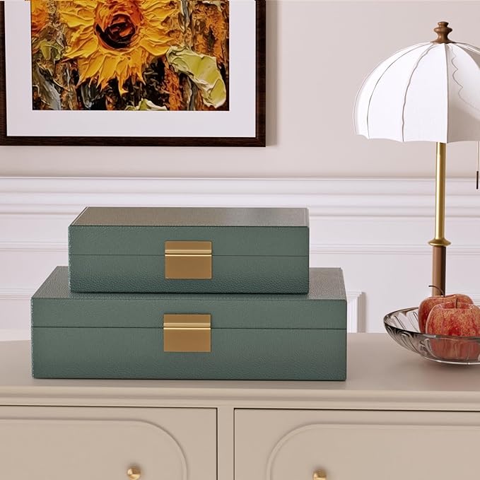 Decorative Storage Boxes Set of 2 - Multi-Purpose Beautiful PU Leather Organizer Bins for Your Home Decor - Decorative Containers with Lids Store Photos, Documents, Memory Box Keepsakes (Green)