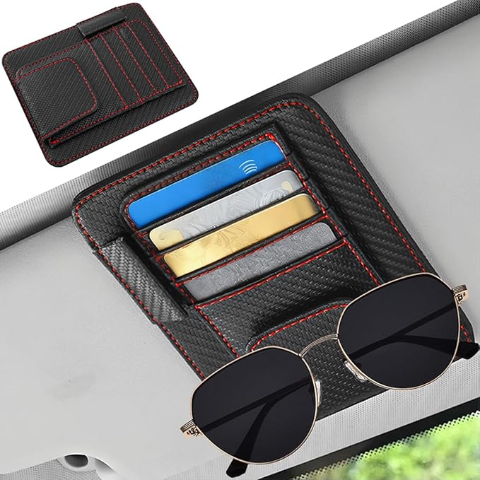 Car Sun Visor Organizer, PU Leather Vehicle Visor Document Storage Pocket for Sunglass Card Pen, Multifunctional Automotive Interior Holder Accessories, Universal Fit (Carbon Black/Red)