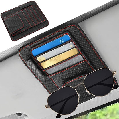 Car Sun Visor Organizer, PU Leather Vehicle Visor Document Storage Pocket for Sunglass Card Pen, Multifunctional Automotive Interior Holder Accessories, Universal Fit (Carbon Black/Red)