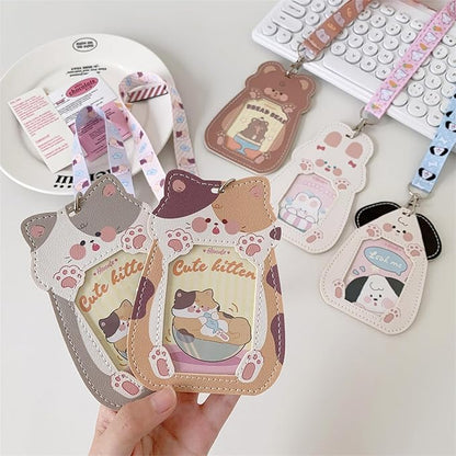 Cute Badge Holder Lanyard Cartoon Cat ID Card Holder Kawaii ID Badge Keys Lanyard Strap Neck Lanyard PU Leather Badge Holder for Women Girls Boys (Cat-1)