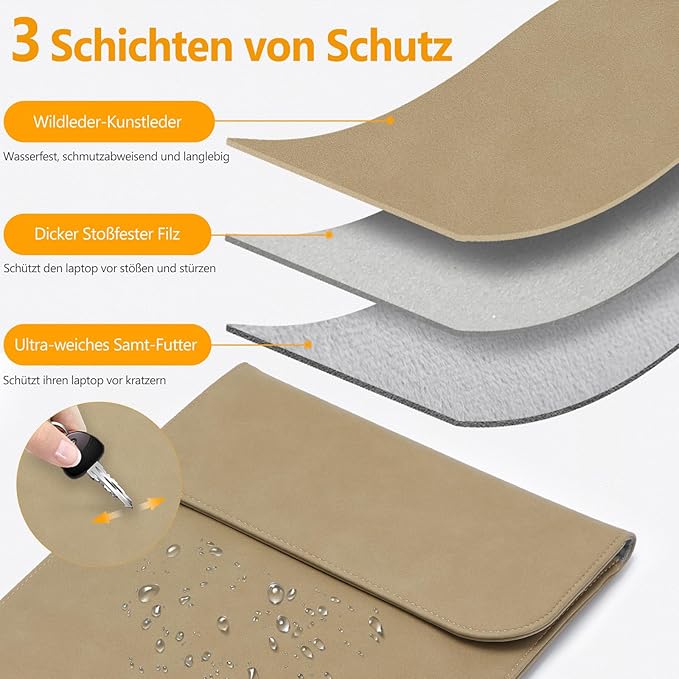 HYZUO 15 Inch Laptop Sleeve Case Bag for MacBook Air 15 M5 A3448 M4 A3241 M3 A3114 M2 A2941 2026-2023, 15" Surface Laptop 7/6/5/4/3, MacBook Pro 15 2019-2016, Faux Suede Leather, Khaki