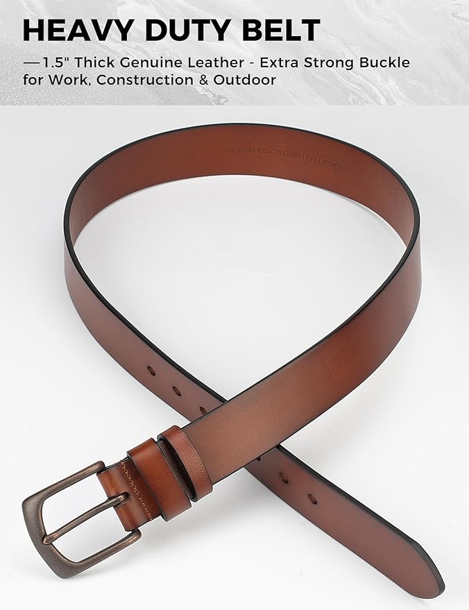 Mens Heavy Duty Full Grain Leather Belt - 1 1/2 Italian Genuine Leather with Sturdy Buckle for Jeans Casual Pants
