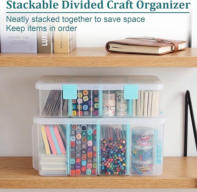 BTSKY Clear Plastic Dividing Storage Box with 4 Deep Compartments Adjustable Storage Bin with Lid Portable Craft Storage Container Multipurpose Sewing Box Art Supply Organizer, 13.9x7.9x6.2 Inches