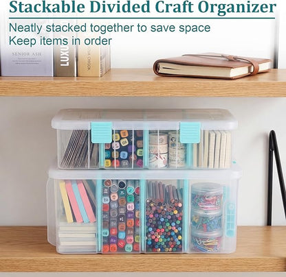 BTSKY Clear Plastic Dividing Storage Box with 4 Deep Compartments Adjustable Storage Bin with Lid Portable Craft Storage Container Multipurpose Sewing Box Art Supply Organizer, 13.9x7.9x6.2 Inches