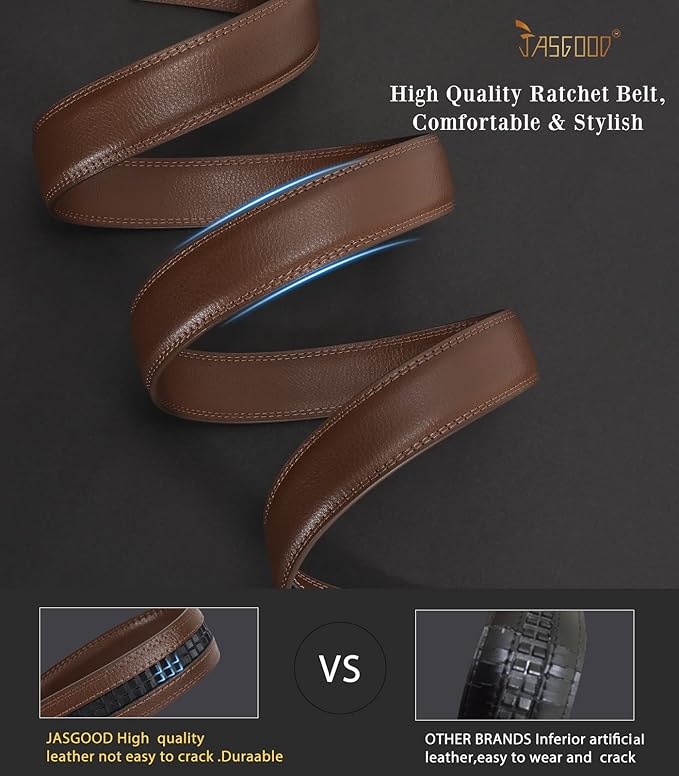 JASGOOD Ratchet Belt Replacement Strap 1 1/8", Leather Belt Strap for 35MM Slide Click Buckle