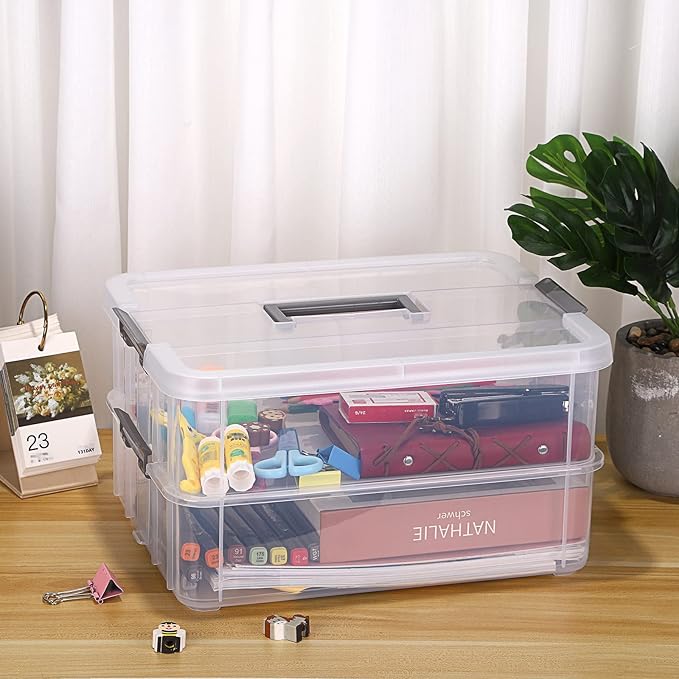 BTSKY 2 Layer Stack & Carry Box, Plastic Multipurpose Portable Storage Container Box Handled Organizer Storage Box for Organizing Stationery, Sewing, Art Craft, Jewelry and Beauty Supplies Dark Grey
