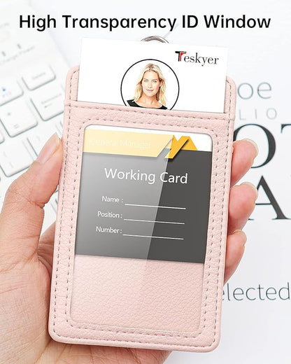 Teskyer Badge Holder with Lanyard, Leather ID Name Badge Card Holder with Lanyard for ID Badges, Vertical, Lychee Pattern Light Pink