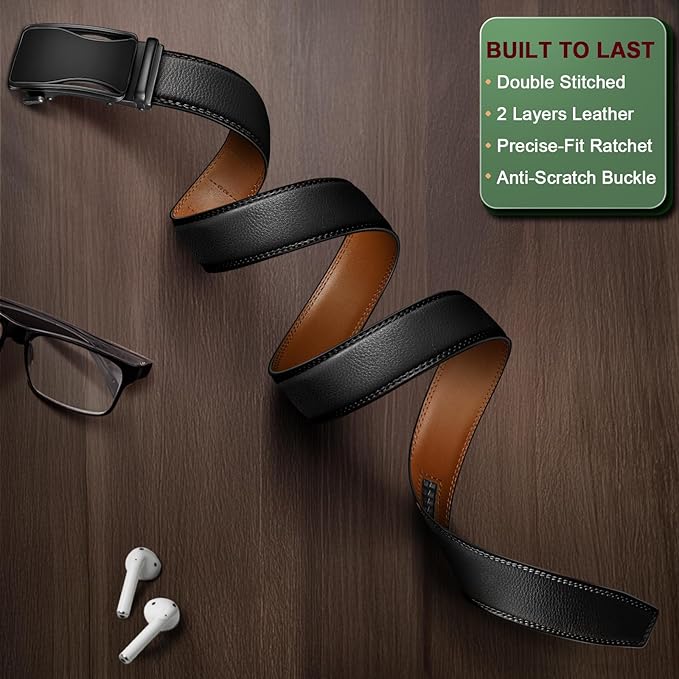 BULLIANT Mens Ratchet Belt,Leather Adjustable Slide Belt For Gift Mens Dress Casual 1 3/8",Size Adjustable