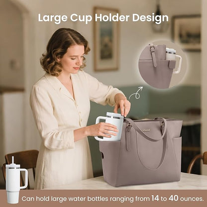 LOVEVOOK Laptop Tote Bag for Women With Large Cup Holder, Leather Work Tote Bag for Women,15.6 Inch Professional Computer Briefcase Business Teacher Commuter Shoulder Bag,Office Travel Gift