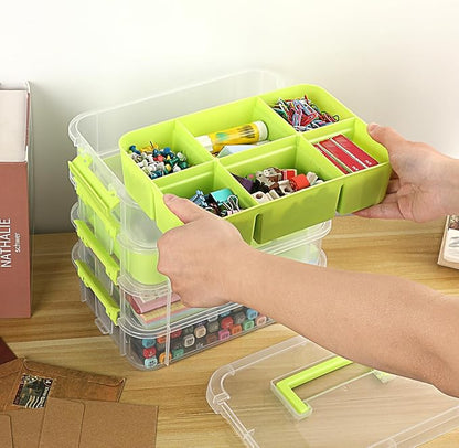 JUXYES 4-Tiers Stack Carry Storage Box With 2 Divided Tray, Transparent Stackable Storage Bin With Handle Lid Latching Storage Container for School & Office Supplies, Green