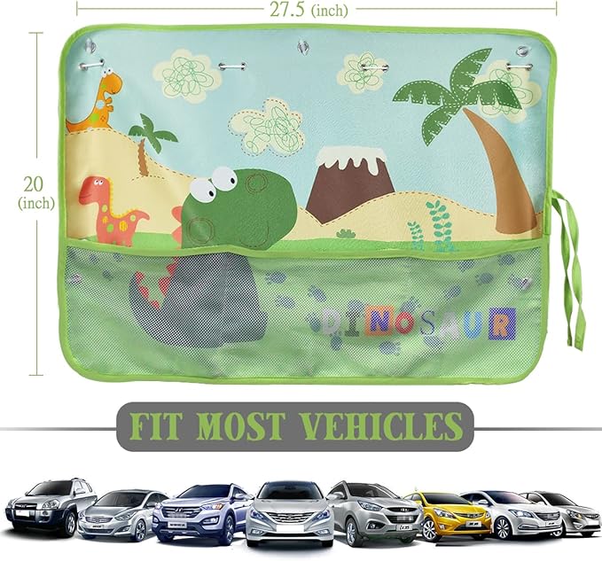 DIZA100 Car Window Shade for Baby, 2 Pack Car Sun Shades with Storage Pockets Car Window Curtain 7 Suction Cups Dinosaurs Pattern for Sun/Heat/UV Rays Protection
