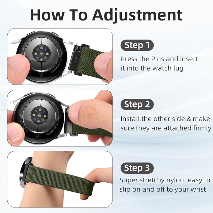 DaQin 3 Pack Nylon Watch Bands Compatible with 16mm 18mm 20mm 22mm Quick Release Watch Band, Adjustable Soft Stretchy Solo Loop Strap Elastic Braided Relacement Wristband for Men Women