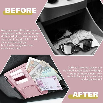 Car Sun Visor Organizer, Multifunctional Auto Visor Document Holder with Sunglasses Clip, Universal Car Interior Accessories Organizer for Drving License, Card, Pen (Pink)