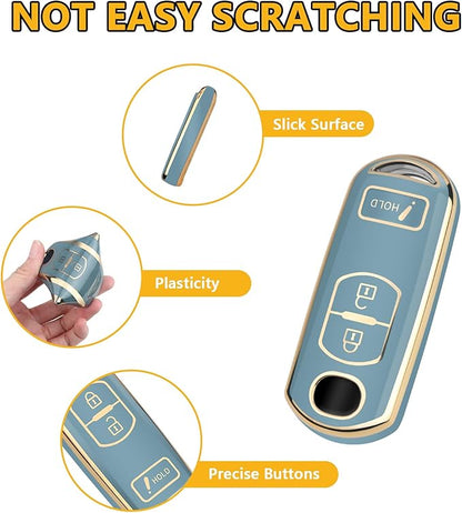 FT FUNTOR for Mazda Key Fob Cover,3 Buttons TPU Key Cover with Golden Edge,Compatible with Mazda 3 6 CX-3 CX-5 CX-7 CX-9 with Keychain (A-Black)