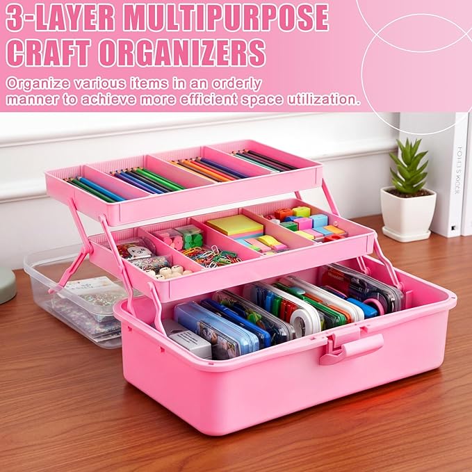 2 Pcs 13 Inch 3-layer Multipurpose Craft Organizers Storage Portable Plastic Tackle Box with Adjustable Spacers and Handled Folding Art Craft Case for Sewing Art Supply Medicine (Pink)