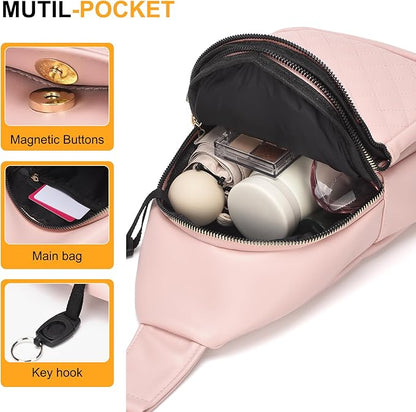 Crossbody Bags for Women Men,Leather Sling Bag Cross Body Backpack for Women, Casual Chest Bag Daypack for Travel Hiking,Pink