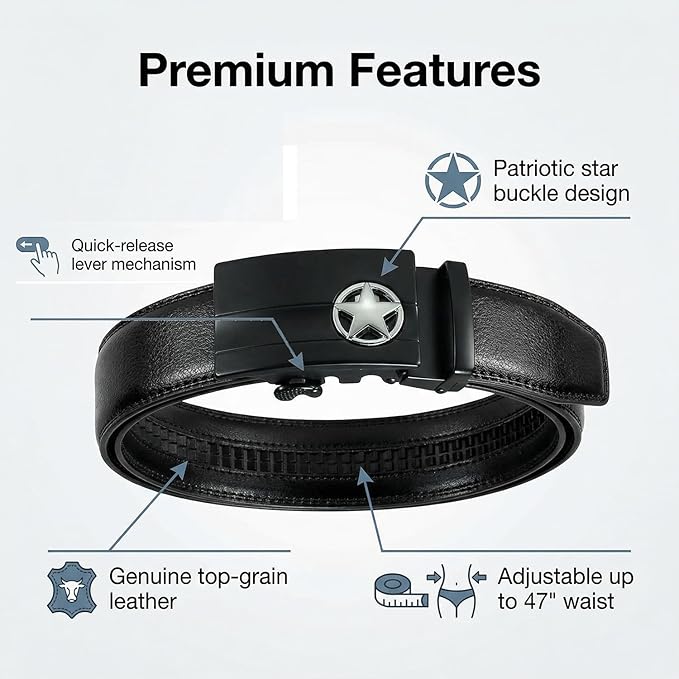 JINIU Men's Ratchet Belt Buckle, Black Genuine Leather Slide Belt for Men Dress Suit, Micro Adjustable Trim to Fit Boxed