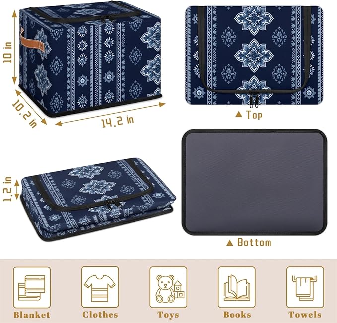 Storage Bins With Zipper Lid, Collapsible Trunk Organizer, Car Organizers and Storage Bins with Lids, Decorative Storage Boxes with Handle, Home Storage Baskets (Tribal-floral Vintage Blue)