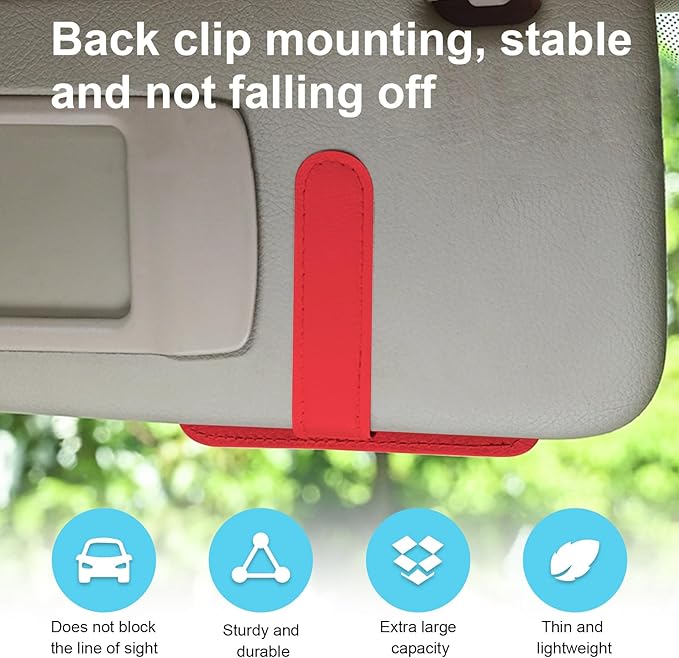 Dickno 2PCS Small Leather Car Sun Visor Organizer, Multifunctional Auto Visor Document Holder with Sunglasses Clip, Universal Car Interior Organizer for Drving License, Card, Pen (Red)