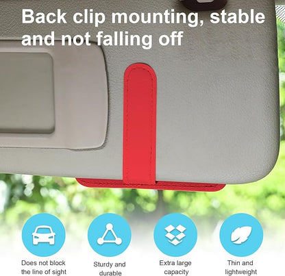 Dickno 2PCS Small Leather Car Sun Visor Organizer, Multifunctional Auto Visor Document Holder with Sunglasses Clip, Universal Car Interior Organizer for Drving License, Card, Pen (Red)