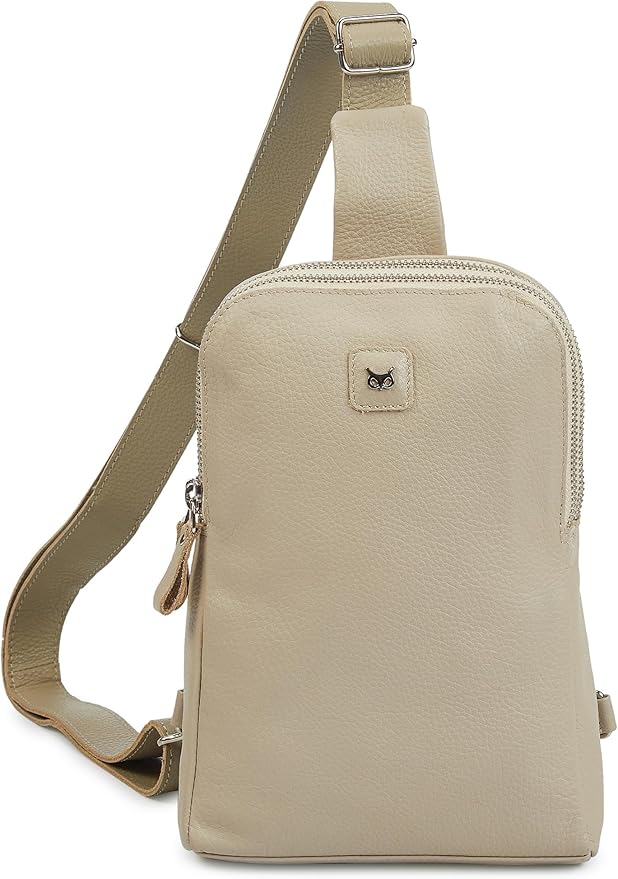 Leather Sling Bag for Women Genuine Crossbody Purse Small Trendy Cross Over Chest with Phone and Credit Card Slots (Beige Nappa)