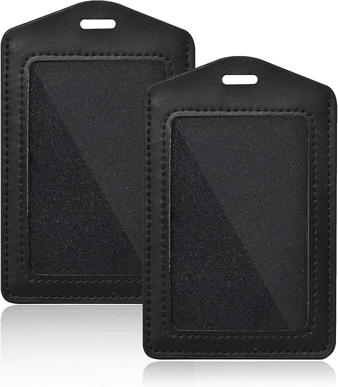 2 Pcs Genuine Leather ID Badge Holder Vertical Single-Side Clear Card Holder Waterproof Name Badge Holder for Office, Staff, Students, Employees(Black&Black)