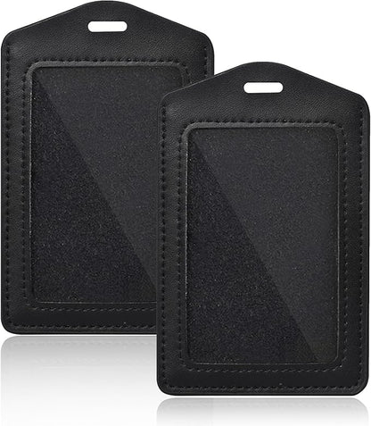 2 Pcs Genuine Leather ID Badge Holder Vertical Single-Side Clear Card Holder Waterproof Name Badge Holder for Office, Staff, Students, Employees(Black&Black)