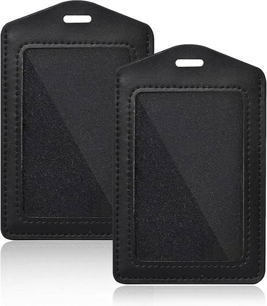 2 Pcs Genuine Leather ID Badge Holder Vertical Single-Side Clear Card Holder Waterproof Name Badge Holder for Office, Staff, Students, Employees(Black&Black)