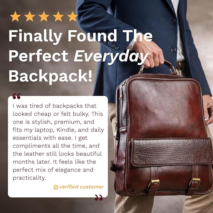 15.6" Luxury Burgundy Leather Laptop Backpack for Men & Women. Leather Bag for Professional Use in Office & Business