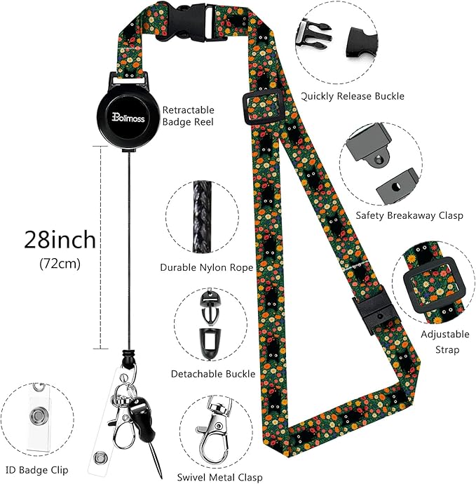 bolimoss Black Cat Daisy Leather ID Badge Card Holder, Adjustable Landyard with Retractable Reel, Cute Flower Badge Holders with Metal Swivel Clasp, Detachable Safety Quick Release Buckles for Key