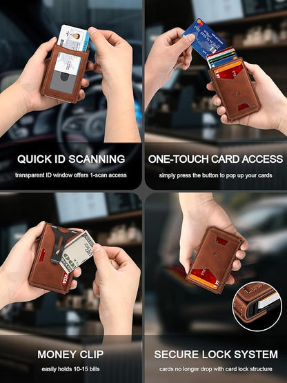 Wallet for Men, Slim Minimalist Wallet with Money Clip＆ID Window, RFID Blocking Pop-Up Credit Card Holder, Smart Auminum Mens Wallet Holds 9-13 Cards (Gift Box) (Red Brown)
