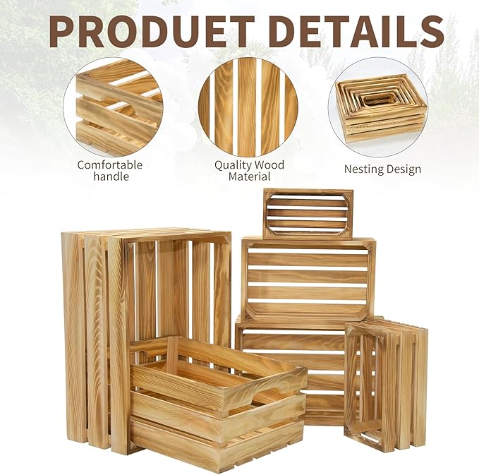 Wooden Crates for Display 6 Pack Extra Large Rustic Nesting Wooden Basket with Handle, Decorative Farmhouse Wood Crate for Storage and Container, 6 Size Wood Basket Decor Boxes