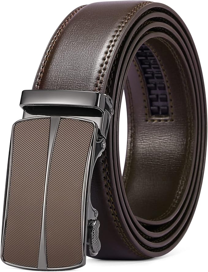 SENDEFN Men's Leather Belt Automatic Ratchet Buckle Slide Belt for Dress Casual Trim to Fit with Gift Box