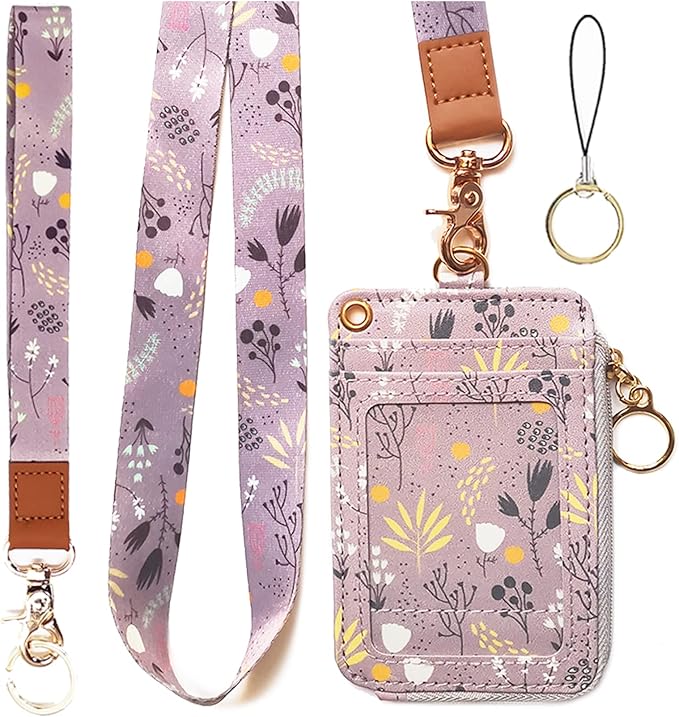 bolimoss Lanyard with Wallet,Zip ID Case with Lanyard,Lanyard Badge Holder,Lanyard Wallet for Women,Fashion Lanyard Wallet, ID Case Wallet with Lanyard（ Light Purple Gray ）