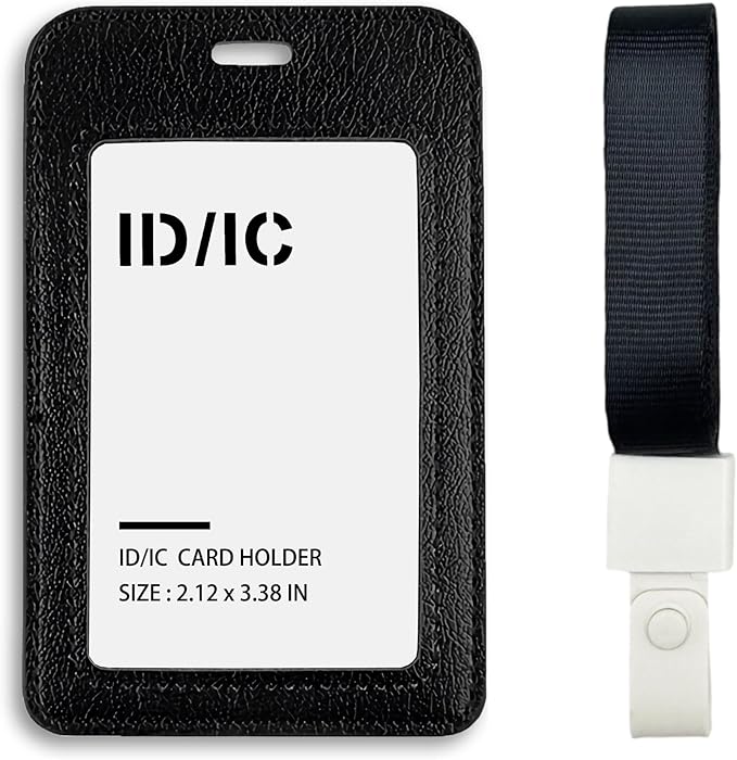 Leather ID Badge Holder with Lanyard for Women and Men, Vertical ID Card Holder, 2 Card Slots, 18 Inch Neck Lanyard for Work, School, Office