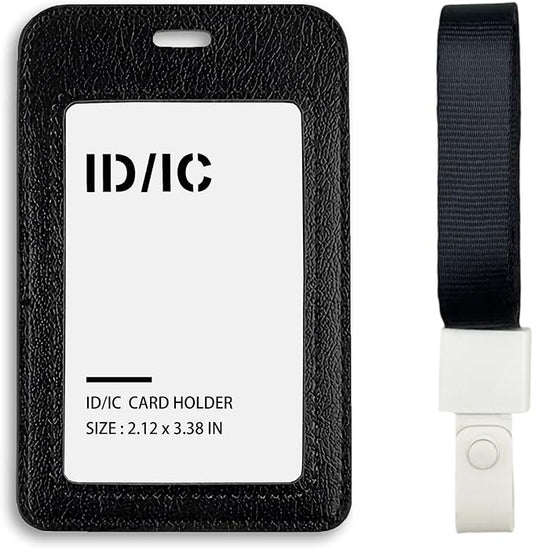 Leather ID Badge Holder with Lanyard for Women and Men, Vertical ID Card Holder, 2 Card Slots, 18 Inch Neck Lanyard for Work, School, Office