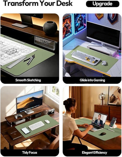 YSAGi Leather Desk Protector, Office Mat, Large Mouse Mat, Non-Slip PU Leather Blotter, Laptop Desk, Waterproof Writing Pad for Office and Home (Bamboo Green, 35.4" x 17")