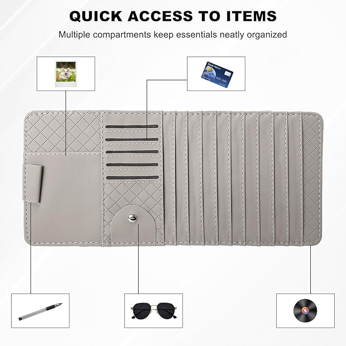 Sun Visor CD Case Holder for Car, Leather Auto Visor DVD Storage Case with Card Slots & Pen Holder, Multi-Pocket Large Capacity CD Layered Organizer for Most Vehicles (Gray)