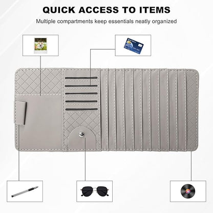 Sun Visor CD Case Holder for Car, Leather Auto Visor DVD Storage Case with Card Slots & Pen Holder, Multi-Pocket Large Capacity CD Layered Organizer for Most Vehicles (Gray)