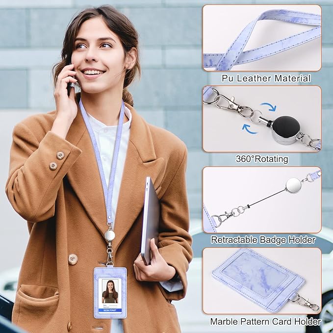 ID Badge Holder with Lanyard Marble Pattern Retractable Badge Holder PU Leather with Clear ID Window 1 Credit Card Case Name Badge Keychain Tags Protector for Women Nurse Teacher Office (Purple)