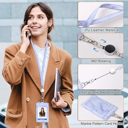 ID Badge Holder with Lanyard Marble Pattern Retractable Badge Holder PU Leather with Clear ID Window 1 Credit Card Case Name Badge Keychain Tags Protector for Women Nurse Teacher Office (Purple)