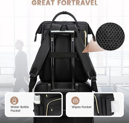 LOVEVOOK Leather Laptop Backpack for Women 17 inch,Travel Backpack Purse Nurse Teacher Backpack Computer Laptop Bag,Professional College Business Work Bags Carry On Backpack with USB Port,Black