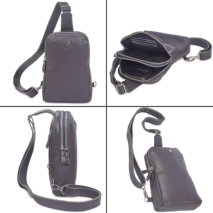 Leather Sling Bag for Women Genuine Crossbody Purse Small Trendy Cross Over Chest with Phone and Credit Card Slots (Dark Grey Nappa)