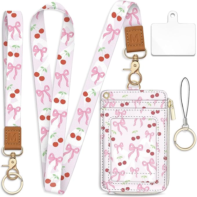 Piefly Cute Bow Lanyard Wallet with ID Badge Holder, Bowknot Small RFID Wallets Women Keychain Wristlet, Slim Credit Card Holder with Zipper Pocket Phone Lanyard Wrist Strap Office Teacher Gift