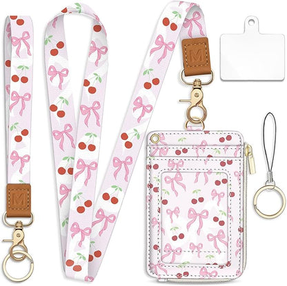 Piefly Cute Bow Lanyard Wallet with ID Badge Holder, Bowknot Small RFID Wallets Women Keychain Wristlet, Slim Credit Card Holder with Zipper Pocket Phone Lanyard Wrist Strap Office Teacher Gift