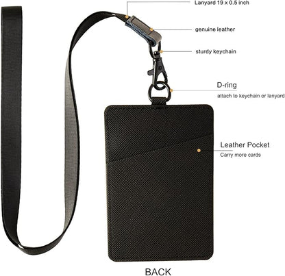 Badge Holder with Lanyard,Leather ID Card Holder,Vertical Lanyard ID Card Holder for Work Office (Black)